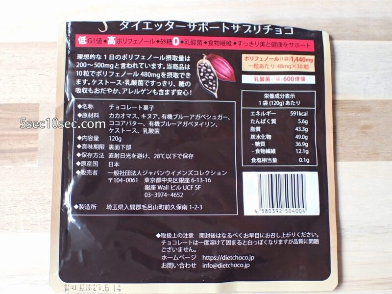 ジャパン・ウィメンズ・コレクション S5ダイエッターサポートサプリチョコ スリムGOチョコ　栄養成分表示　原材料名