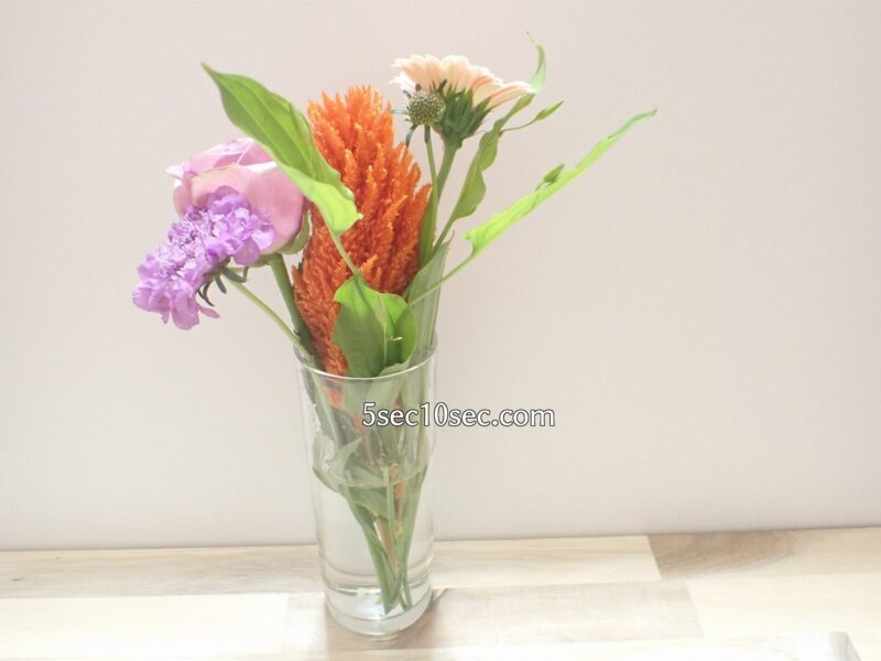 株式会社Crunch Style お花の定期便 Bloomee LIFE ブルーミーライフ　レギュラープラン　細長いグラス、シリンダータイプの花瓶に挿すとこういう感じです