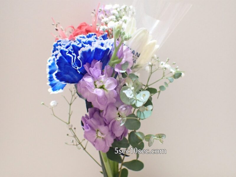 株式会社Crunch Style お花の定期便 Bloomee LIFE ブルーミーライフ 800円のレギュラープラン　ダイヤモンドリリー、ガーベラ、ストック、染めカーネーション(青)、カスミソウ、グニユーカリの合計で6種類のお花とグリーンが届きました